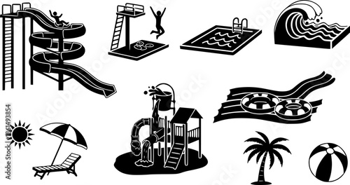 Summer water park, icon set, vector, silhouette,

