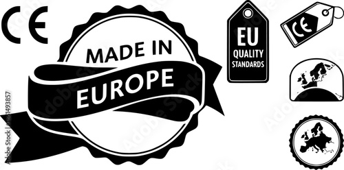 Made in Europe label. Made in Europe product emblem, sign, symbol, badge or seal. European Union quality standards tag, stamp an sticker. CE mark pictogram for product packaging. EU quality icon. 