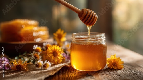 Organic honey flowing from a wooden dipper into a glass jar with honeycomb and yellow flowers on a rustic wooden table