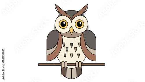 A charming stylized owl illustration featuring a friendly appearance with large observant yellow eyes and prominent ear tufts perched calmly on a