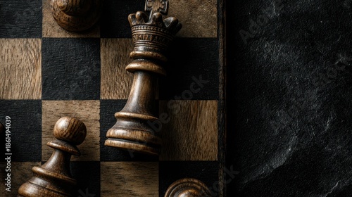 Close-up of wooden king and pawn chess pieces on a vintage board next to a dark textured background