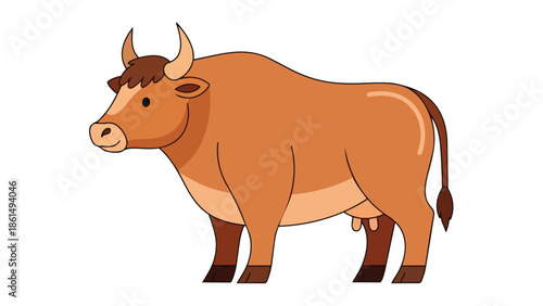An endearing animated representation of a sturdy brown cow, complete with gentle horns and udder, standing composedly on a crisp white backdrop,