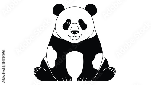 A charming graphic illustration featuring a black and white panda bear sitting cheerfully, exuding a friendly demeanor with minimalist art ideal for