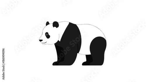 Charming illustration of a side-profile giant panda standing peacefully a minimalist black and white cartoon artwork