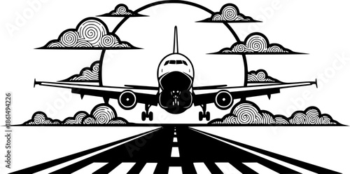 A plane is landing on a runway during a stunning sunset, with the sun positioned directly behind the aircraft
