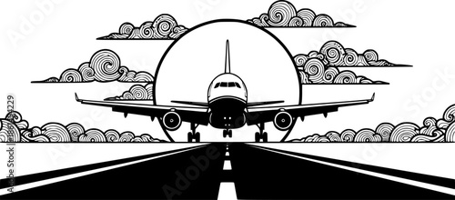 A plane is landing on a runway during a stunning sunset, with the sun positioned directly behind the aircraft
