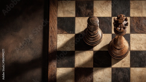Dramatic top view of wooden chess pieces on a vintage board with long shadows