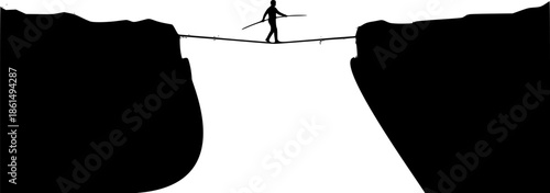 high stakes balancing act, tightrope walker, deep chasm, misty atmosphere, dramatic landscape, daring feat, silhouette figure, precarious journey, vast gap between cliffs, foggy abyss, courage, risk-t
