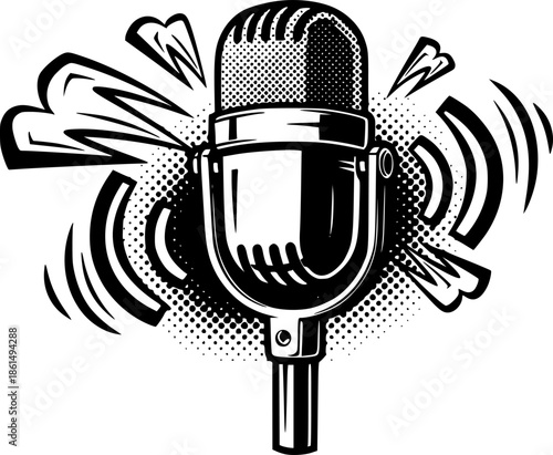 Pop art Microphone podcast logo transparent background in pop art retro comic style
