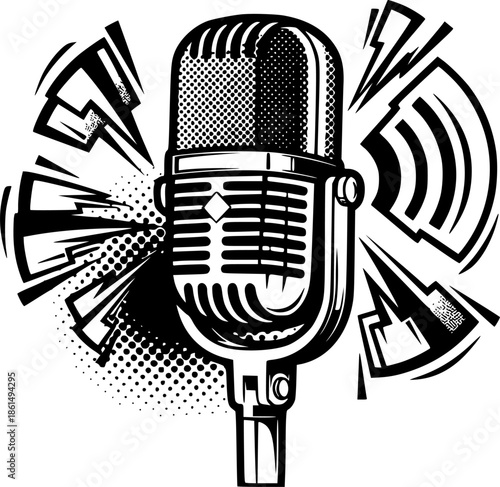 Pop art Microphone podcast logo transparent background in pop art retro comic style
