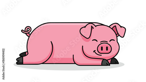 Delightful pink cartoon pig resting comfortably, a charming farm animal character in a simple vector style, perfect for cheerful graphics and