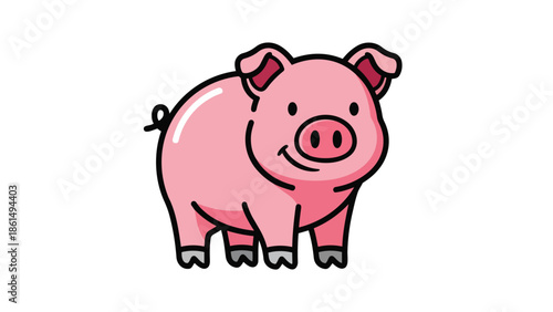Delightful cartoon pig vibrant pink friendly smile expressive eyes cute curly tail standing prominently on white background ideal for cheerful