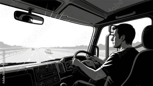 Inside view of a truck cab with a man driving on the highway as the sun rises, creating a warm glow
