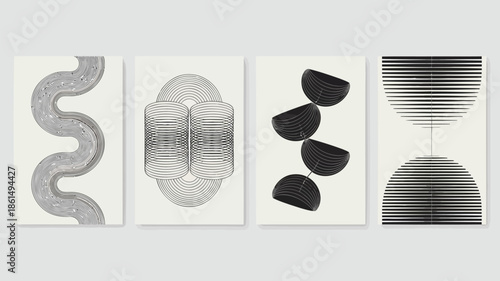 Modern geometric art prints with black and white line designs