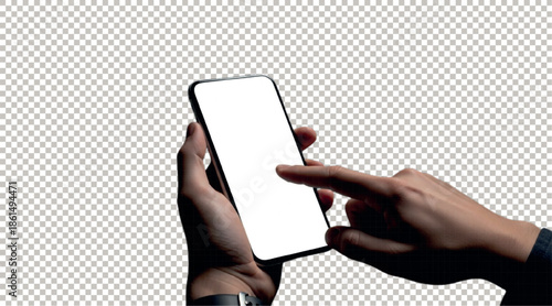 Hand Interacting with Smartphone - Transparent PNG Tapping Blank Screen.
