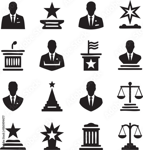 Political and legal icons representing governance justice and leadership concepts