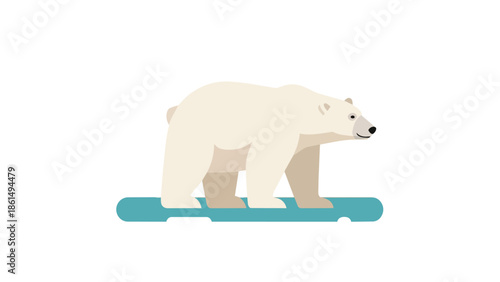 A striking flat design illustration of a majestic polar bear confidently standing on a distinct blue ice floe, symbolizing arctic resilience and