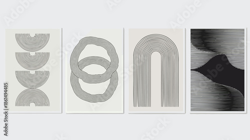 Modern geometric art prints with black and white line designs