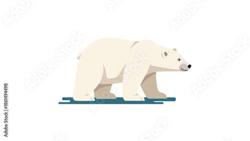 A clean, contemporary flat design illustration capturing a majestic polar bear in a walking pose upon a stylized ice floe. This graphic emphasizes
