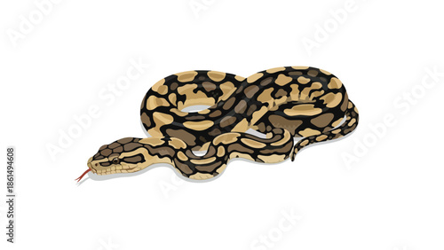 A captivating serpentine creature with intricate natural camouflage patterns slithers elegantly across a pristine white background, showcasing its