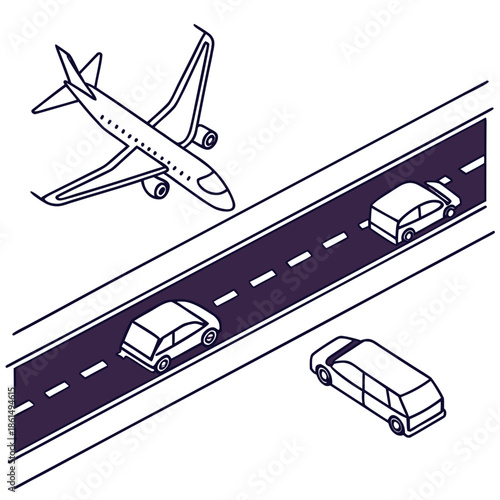 Title: Airplane and cars on a road with an airport runway in the background minimal