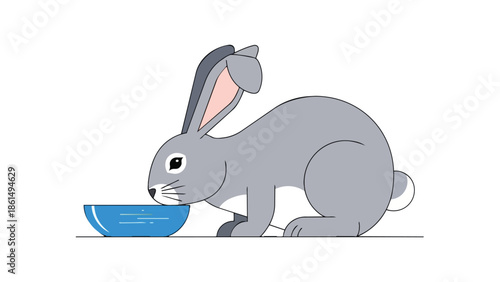 A minimalistic vector illustration depicts a domestic gray rabbit with distinctively long ears gently sipping refreshing water from a vibrant blue