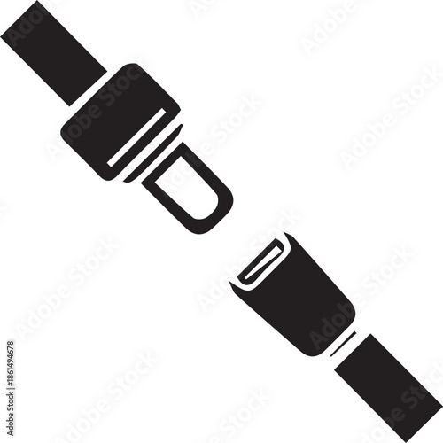 Simple black icon of an unbuckled seat belt buckle