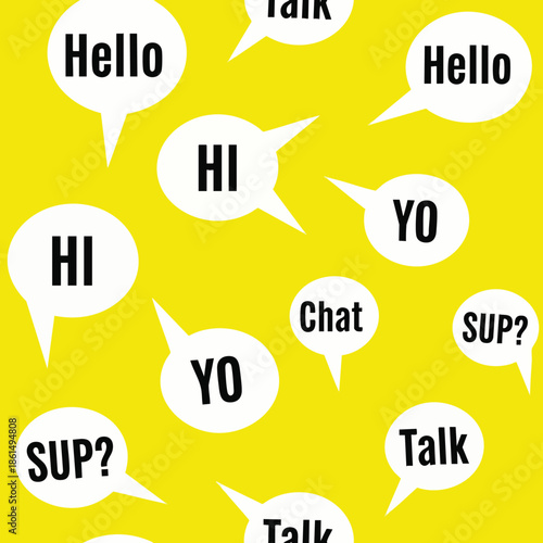 Vibrant Speech Bubbles with Casual Greetings and Chat Words.