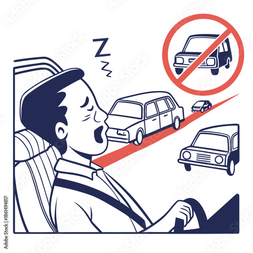 Title: Man sleeping in a car with a no sleeping while driving prohibition sign and three cars in