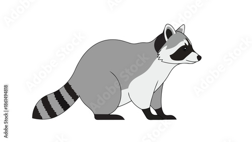 A stylized illustration of a North American raccoon, showcasing its distinctive masked face and banded tail in a clean, minimalist design ideal for
