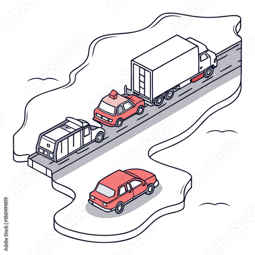 Title: Red tow truck towing a red car with another vehicle in the background on a winding road