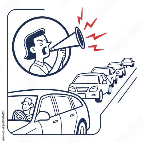 Title: Man using a megaphone to direct traffic with multiple cars in a line and a police officer