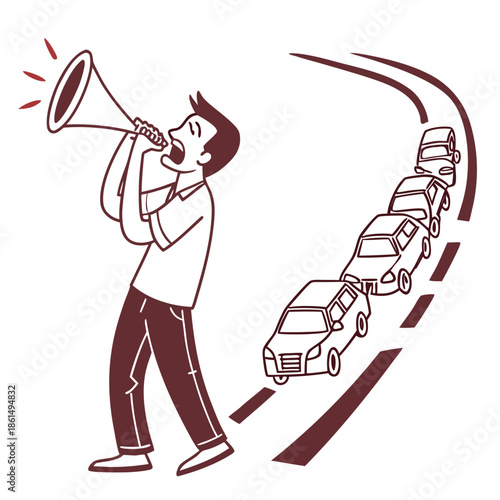 Title: Man using a megaphone to direct traffic with multiple cars in a line and a police officer