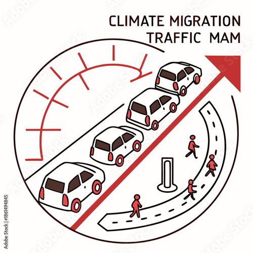 Title: A circular showing cars and pedestrians moving in different directions with the text