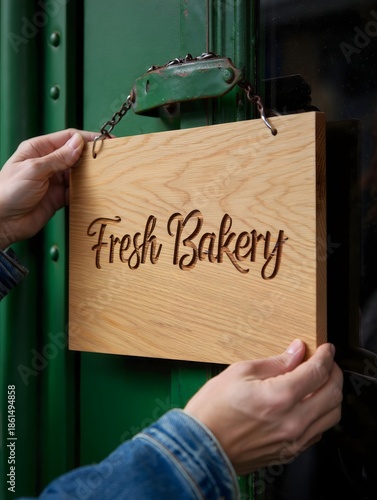 Wooden Fresh Bakery Sign Hanging on a Door