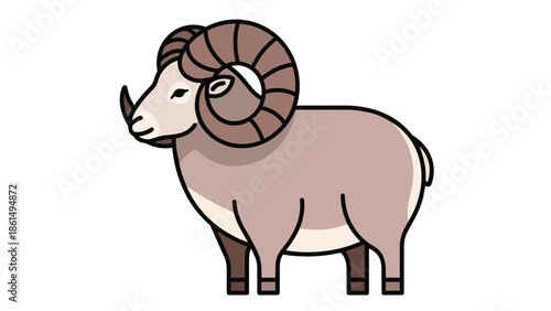 A charmingly simple line art illustration featuring a majestic ram with impressive curly horns, presented on a clean white background for various