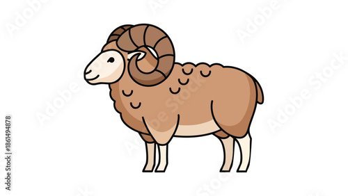 Delightful cartoon ram with prominent brown curled horns, simple illustration on white background, good for educational resources and farm animal