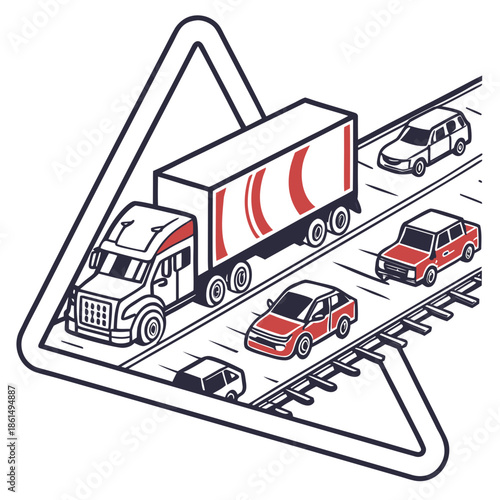 Title: Red and white delivery truck with multiple vehicles on a road and a mountain in the