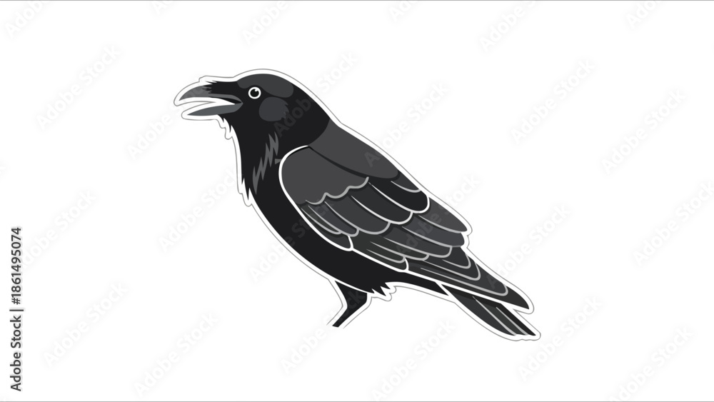 Fototapeta premium Stylized vector graphic of a black crow with open beak, grey feathers, and white outline