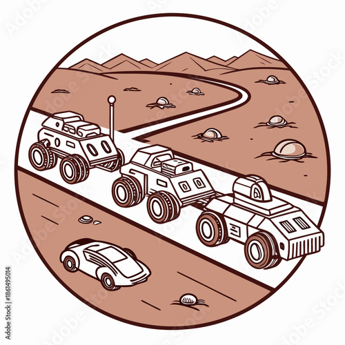 Title: of various vehicles driving on a circular road with a desert landscape background