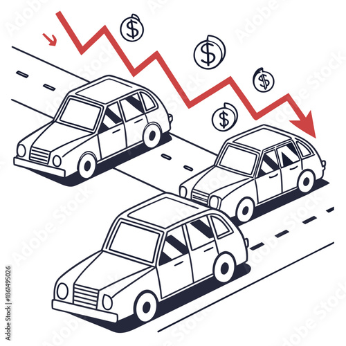 Title: Three cars on a road with a downward trending arrow and dollar signs indicating a decrease