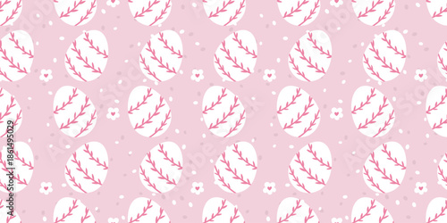 Delicate seamless vector pattern featuring Easter eggs, flowers, and soft pastel tones, ideal for creating joyful designs for baby apparel, wrapping paper, and seasonal celebrations