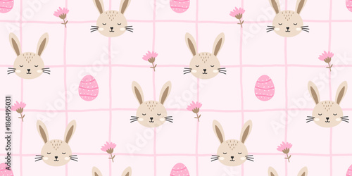 Adorable vector festive bunny and floral seamless pattern, designed for Easter wrapping paper, baby fabric, and whimsical Scandinavian-inspired home decor