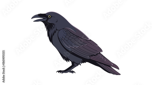 Detailed vector art of a sleek black crow with a slightly open beak, showcasing its distinct features and observant demeanor, presented cleanly on a