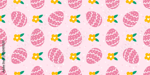 Adorable seamless vector pattern with Easter eggs, flowers, and gentle pastel colors, perfect for creating charming designs for children s clothing, spring celebrations, and holiday decor