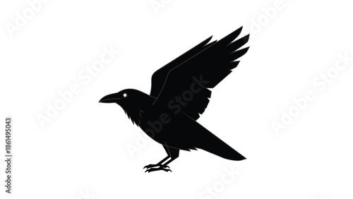 Vivid black raven silhouette with wings poised, a minimalist representation of avian grace against a stark white backdrop.