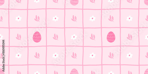 Seamless vector illustration featuring cute Easter eggs with pastel decorations, flowers, and festive symbols, perfect for children s clothing, holiday wrapping paper, and spring-themed designs