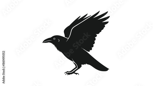 Dramatic black bird silhouette in flight, wings spread wide, majestic crow or raven. Clean graphic design on pure white, symbolizing mystery and