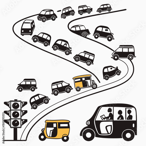 Title: A busy urban street scene with various vehicles including cars vans and tuk tuks at an