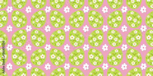 Seamless vector illustration of Easter eggs, flowers, and pastel elements, perfect for children s clothing, wrapping paper, and festive spring holiday decor